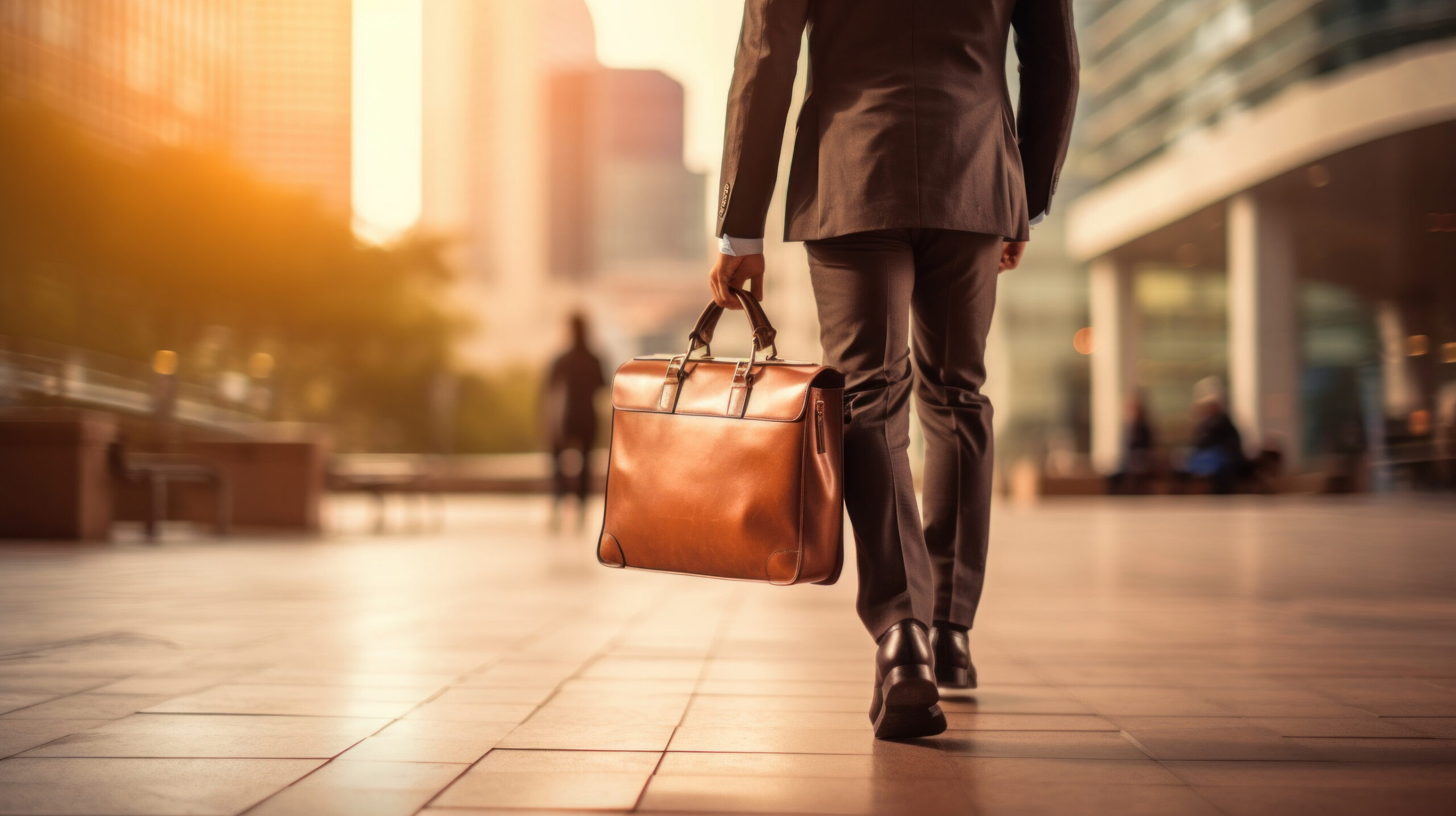 Businessperson leaving office building, representing employee turnover ratio.