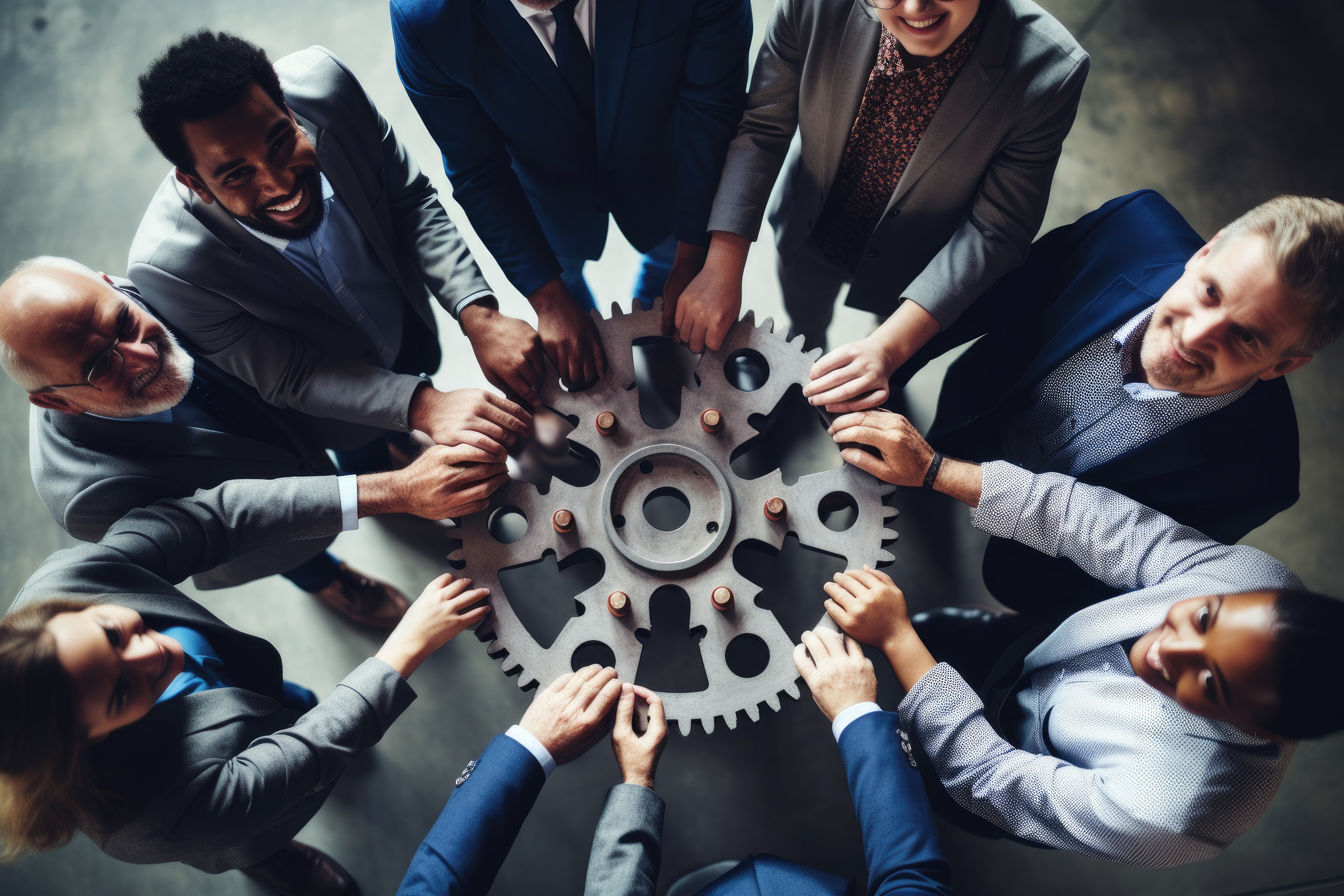 Team members holding a gear together, symbolizing collaboration and effective leadership style in the workplace