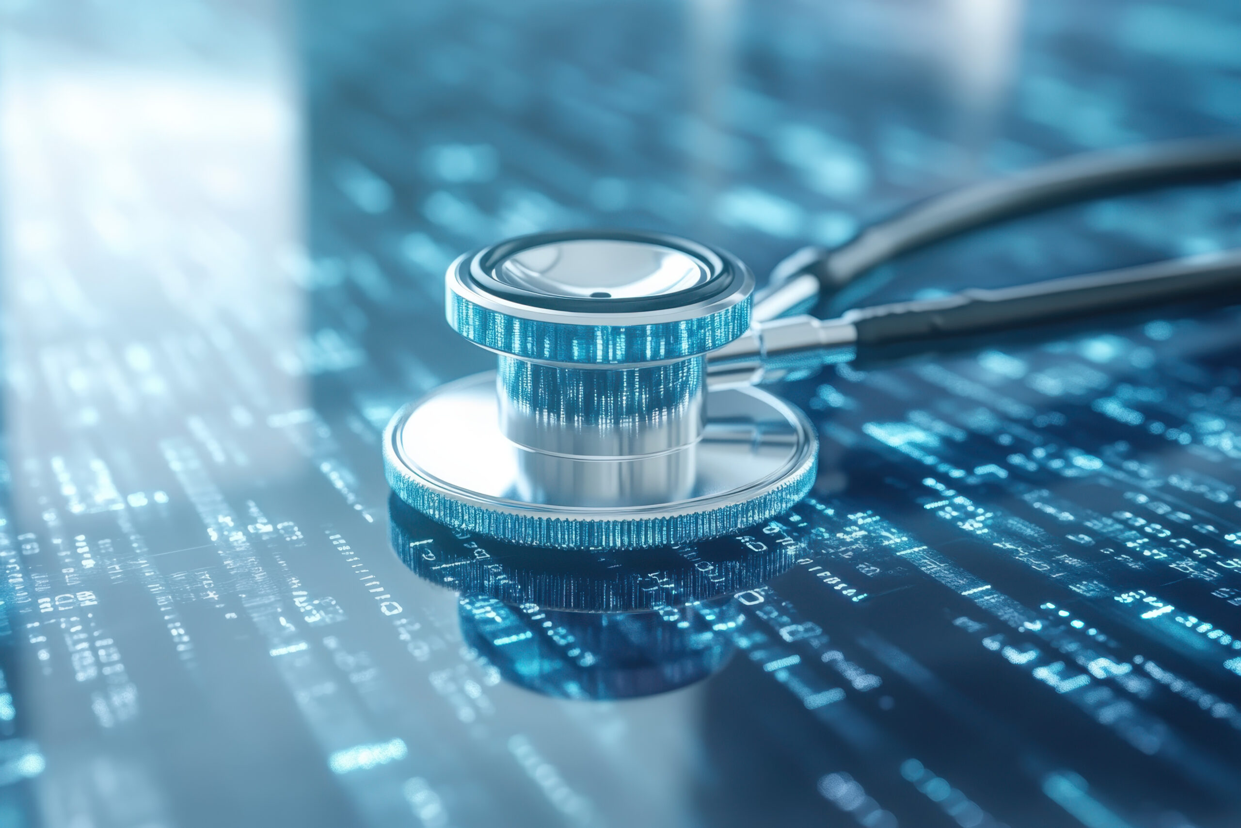 A stethoscope resting on a digital background representing modern healthcare technology Healthcare Recruitment Metrics